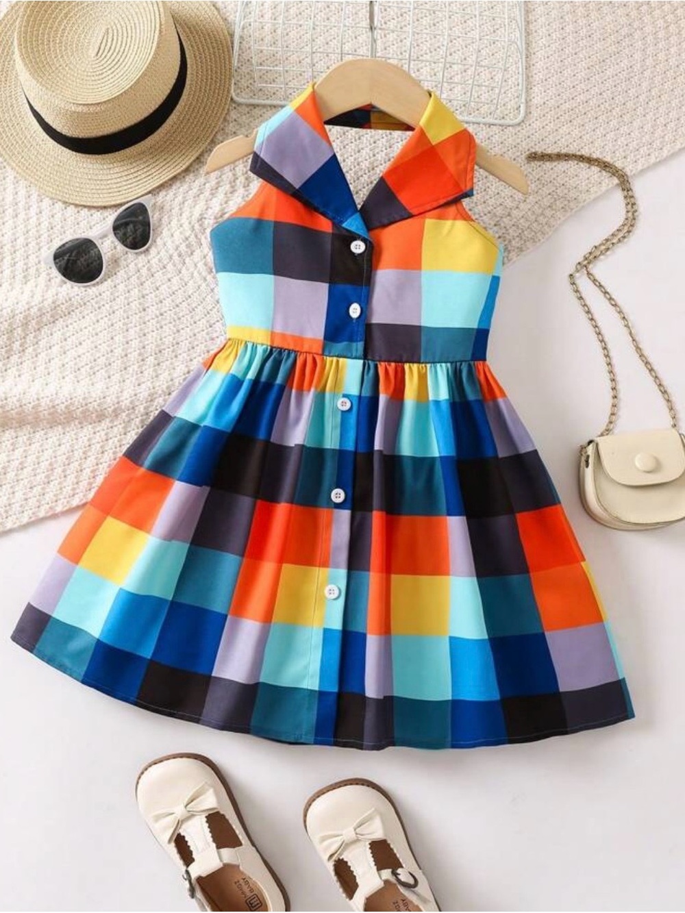 SHEIN Multicolor Checkered Button Front Shirt Halter Dress Size: 18-24 months